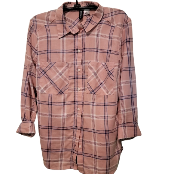 H&M Divided Pink&Gray Plaid Boyfriend Button Down Y2K - Picture 1 of 3
